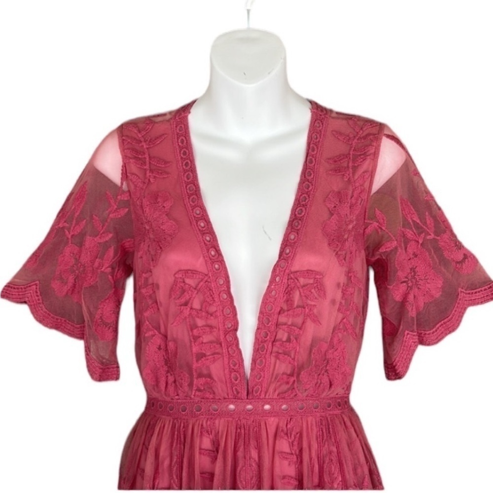 Honey Punch Pink Lace Maxi Romper Dress Sheer Floral Overlay S NWT - Picture 3 of 12